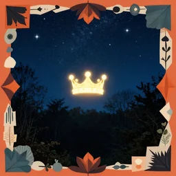 a glowing crown under a sky full of stars in a forest in england, sense of longing, rule of thirds, clever design, decorative modern graphic design collage border, by hannah hoch and jesse treece and christian jackson and josh brill
