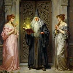 a beautiful painting of an old wizard holding a magical book and standing in front of an ancient elaborate door, by james gurney and greg rutkowski and alma tadema