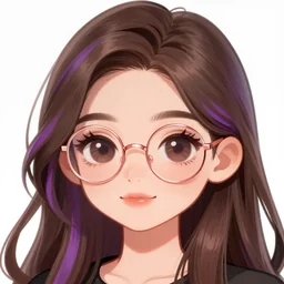 cute enby with long brown hair, purple streaks, androgynous boy girl, head and shoulders shot, round glasses rose gold, artstation, highly detailed portrait, beautiful digital painting, discord avatar, white background