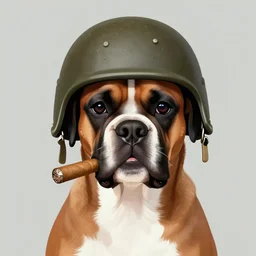 illustration of boxer dog with military helmet and cigar in mouth, ww 2
