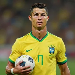 portrait of ronaldo luis nazario de lima holding a soccer ball, wearing the brazil soccer shirt, painting by rembrandt, high quality, very beautiful, detailed, 4 k