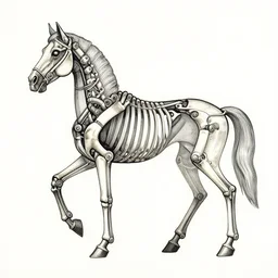 mechanical skeleton horse, linocut