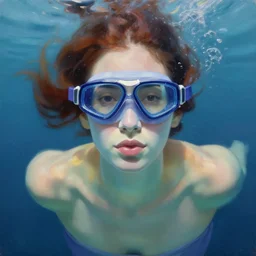 hyperrealism oil painting, fashion model portrait underwater, swimming goggles