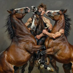 horses entangled by jenny saville and peter mohrbacher and roberto ferri, struggle, wide eyes, motion, jumble of muscles, dramatic, dynamic lighting, sharp focus