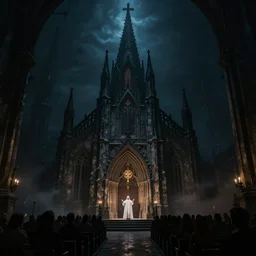 cthulhu church, midnight mass, lovecraftian, eldritch, x photorealistic, film, cinematic lighting, octane render, volumetric light, dark - art