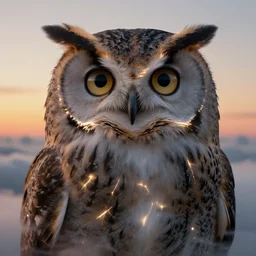 biblical mage owl, deep gaze to the side, closeup, bright glowing veins, in clouds, sunset, portrait, by gerald brom, by mikhail vrubel, by terry richardson, by peter elson, muted colors, extreme detail, reflections, trending on artstation, 8 k