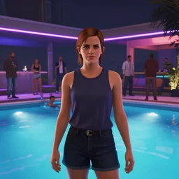 A modern indoors pool party with cyberpunk illumination at night. With Emma Watson. GTA V In game render.