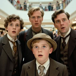 sharp, highly detailed, high quality 7 0 mm frame scan from a sci fi blockbuster color movie, a family of four time travelers from 1 9 3 0 travel in time to 2 0 1 9, appearing in a shopping mall, looking surprised, are all wearing 1 9 3 0 s era clothes, good lighting, in focus, high quality scan, in focus, 3 5 mm macro lens, detailed eyes, realistic faces and details, award winning lighting, award winning photography, ultra high definition
