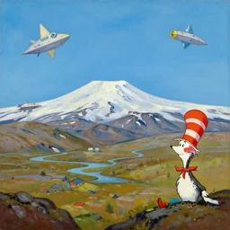 Snæfellsjökull landscape in the style of Dr. Seuss, starships, painting by Raphael Lacoste