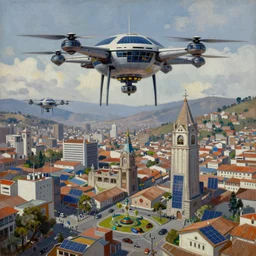 Nuclear Nature Solarpunk harmony; Drone shots of Quito, Ecuador; by Simon Stålenhag, oil on canvas; Art Direction by James Cameron; 4K, 8K; Ultra-Realistic Depth Shading
