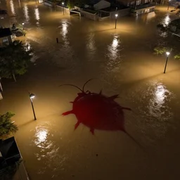 city flooded with ( ( ( ( ( tick blood ) ) ) ) ), aerial night photo, lamp posts in the back, by beeple