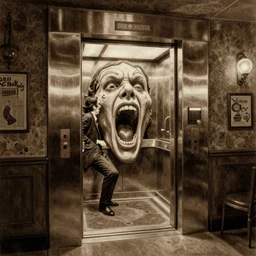 action scene sepia painting of a 1 9 2 0 s hotel horror elevator looking like a screaming face, clyde caldwell, h. p. lovecraft, m. c. escher, atmospheric lighting, brooding, painted, intricate, ultra detailed, well composed, best on artstation, cgsociety, epic, horror, stunning, gorgeous, intricate detail, much wow, masterpiece, cinematic aesthetic octane render, 8 k hd resolution,
