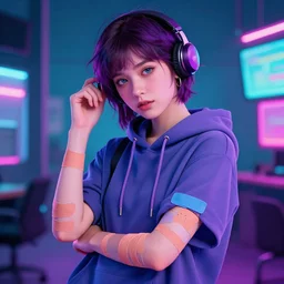 gorgeous tomboy with hoodie and bandage on her arms, vaporwave,