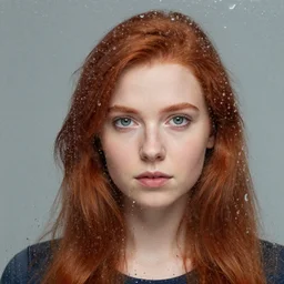 a portrait of a red hair girl taken through a wet glass, with drops of water. the girl is smilinis