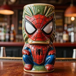 a closeup photorealistic image of a spider man style tiki mug on a trader vic's bar featuring the face of spider man. tiki theme. bright scene. fine detail. this 4 k hd image is trending on artstation, featured on behance, well - rendered, extra crisp, features intricate detail, epic composition and the style of unreal engine.