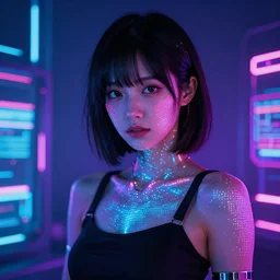 beautiful japanese cyborg with led projection skin, neon lighting, techno neon background, portrait photo