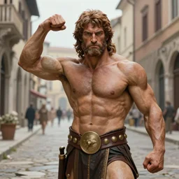 a highly detailed matte portrait painting of a muscular hercules, poising for the camera, on an ancient roman street, in the style of greg rutkowski and hans zatzka, digital art, sharp focus, highly realistic, octane render
