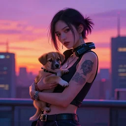 cyberpunk lady holding a puppy in a colorfull sunset