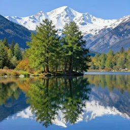 escher painting of a lake, big trees reflecting on lake surface, mountains at background, snowy, ultra sharp, ultra detailed, uplifting emotion, colorized by salvador