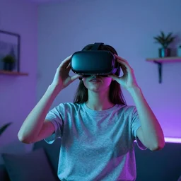 portrait art of a woman playing with a vr headset in a cyan and purple lit neon room