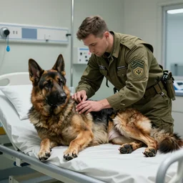 a wounded humanoid german shepherd beast - man soldier, heals his wounds in the hospital, artstation.