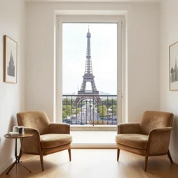 parisian studio apartment with a balcony and eiffel view, decorated with vintage furniture and old acoustic piano, cosy vibes, realistic, octane render