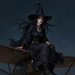 portrait of a witch sitting on a biplane wing at night, wind, flowing hair, medium shot, digital painting, highly detailed, sharp focus, beautiful face, by luis royo and tom bagshaw and artgerm