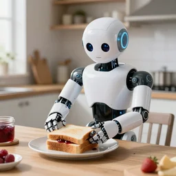 in a cozy kitchen, a humanoid robot prepares a jam sandwich on the table, realistic light, soft light, focus, depth of field, photorealism, 8 k quality, full quality, realistic style