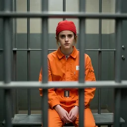 photo of emma watson sitting in a jail cell wearing an orange jumpsuit and a red hat, defocused bars in the foreground, 8 k, 8 5 mm f 1. 8
