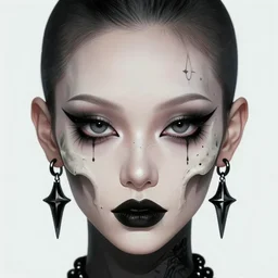 beautiful portrait goth girl, big eyes,, face tattoo scull, balt head, sharp focus, smooth, digital illustration, by mcbess, dore, symmetry, by alexander mcqueen, trending on artstation