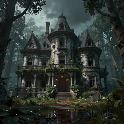 an abandoned hell mansion on a ominous forest biome by pixar, smooth, cinematic, wet reflections, ray tracing x, rtx, smooth