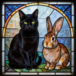 stained glass artistic portrait of a black cat and a brown rabbit, extremely detailed, trending on Artstation