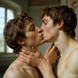 atmospheric beautiful men's lips kiss in the sunny room, wrote renaissance michelangelo