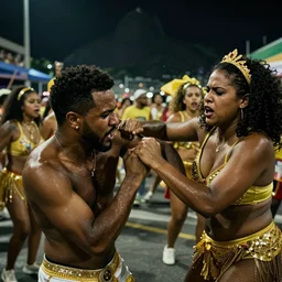 racist man being punched by angry women during carnival in rio de janeiro, dark colors, hyperrealistic, high detail, low contrast, 8 k,