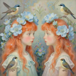 breathtaking detailed concept art painting portrait in pastel colors of two girls looks each other by hsiao - ron cheng with light blue flowers and birds in carroty hair, weird background with bizarre compositions blend of flowers and birds by john james audubon, exquisite detail, 8 k
