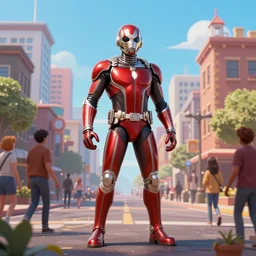 Giant Ant-Man stands next to a town, surrounded by people, digital art, trending on ArtStation
