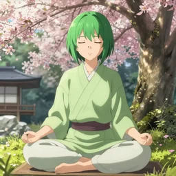 anime key visual of a green haired woman with a bob haircut meditating near a japanese spring by ilya kuvshinov