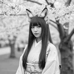 ‘ a black and white photo of a young woman with fox ears wearing kimono at a sakura tree by shunji dodo, 8 k resolution, high quality, highly detailed, long hair ’
