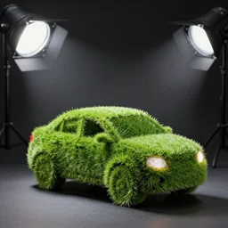 car made of grass, studio light, dark background, 3 5 mm photography
