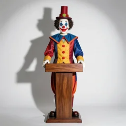 marionette of a president with clown makeup in a podium and a human shadow behind