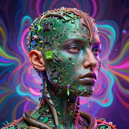 stunning person suffering from jpeg compression, 4 8 0 p, exposed nvidia gtx 5 6 0 circuitry, snake venom drip, psychedelic backdrop, high detail, abstract composition, greg rutkowksi, octane render, ray tracing,, trending on artstation,