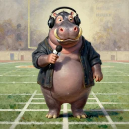 incredulous slippery face head whiskers tusks Portrait of John Madden Hippo announcer standing atop a gridiron football field whilst wearing headphones whilst brandishing a microphone eugene delacroix christian schad ilya repin giorgio de chirico giotto leonardo da vinci paul cezanne edward hopper norman rockwell watercolor pastel oil