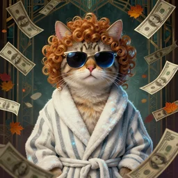 portrait, anthropomorphic cat, striped bathrobe, curly hair, electric sunglasses, surrounded by floating autumn dollar bills, fantasy, detailed, intricate, luminescent, elegant, coherent, by mandy jurgens, hannah yata and kay sage, donato giancola, detailed, artstation, cinematic lighting, artdeco, art deco outrun aesthetic
