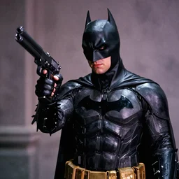color film still, batman holding a gun. ; the dark knight ( 2 0 0 8 )