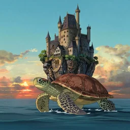 an island with a giant castle on top held up by the shell of a giant turtle in the ocean, sunset, drawn by hayao miyazaki, studio ghibli film, hi res, high detail, 4k
