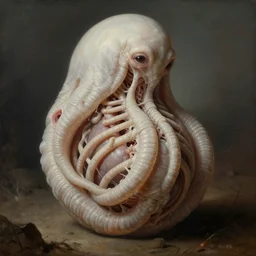 anatomical painting of alien embryo ribbed tubes, covered with white meat, dream - like heavy mysterious atmosphere, in the wastelands, baroque portrait painting, perfect composition, beautiful detailed intricate insanely detailed octane render, unreal engine 5, trending on artstation, 8 k artistic photography, photorealistic, soft natural volumetric cinematic perfect light, chiaroscuro, award - winning photograph, masterpiece, raphael, caravaggio, beksinski, giger
