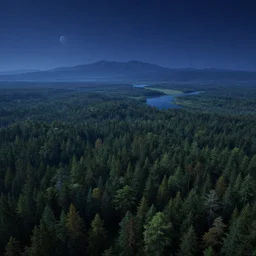 beautiful fantasy landscape, distant forest, distant mountains, river, dark blue night, stars, moon, by james gurney, by noah bradley, by frederic edwin church, aerial perspective, concept art, matte painting, intricate, hyper detailed, volumetric atmosphere, sharp focus, octane render, trending on artstation, 8 k