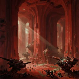 the depths of a vast artificial world with massive towering pillars holding the ceiling of the landscape up, detailed, ruby coloration, energetic beings patrolling, extreme depth, bardardo bellotto and peder balke collaboration, godrays, colossal hovering machine automations of brutalist design visible in the foreground