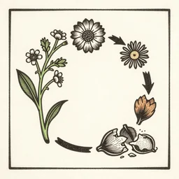 japanese woodcut of a natural cycle of a plant from seed to bloom to decay