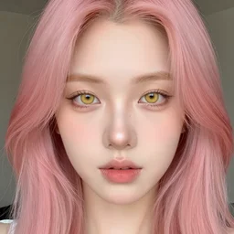 a pale girl with pink hair and yellow eyes, soft facial features, looking directly at the camera, neutral expression, instagram picture